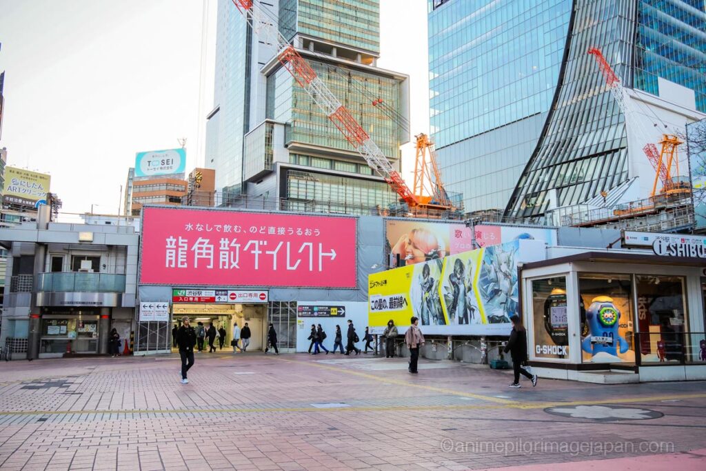 Hachiko Square in Shibuya, depicted under the barrier during the Shibuya Incident arc in Jujutsu Kaisen Season 2
